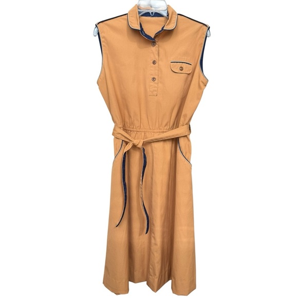 Vintage 70s Collared Midi Dress Size 12 14 Sleeveless Cotton Orange Tan Navy - Picture 8 of 8